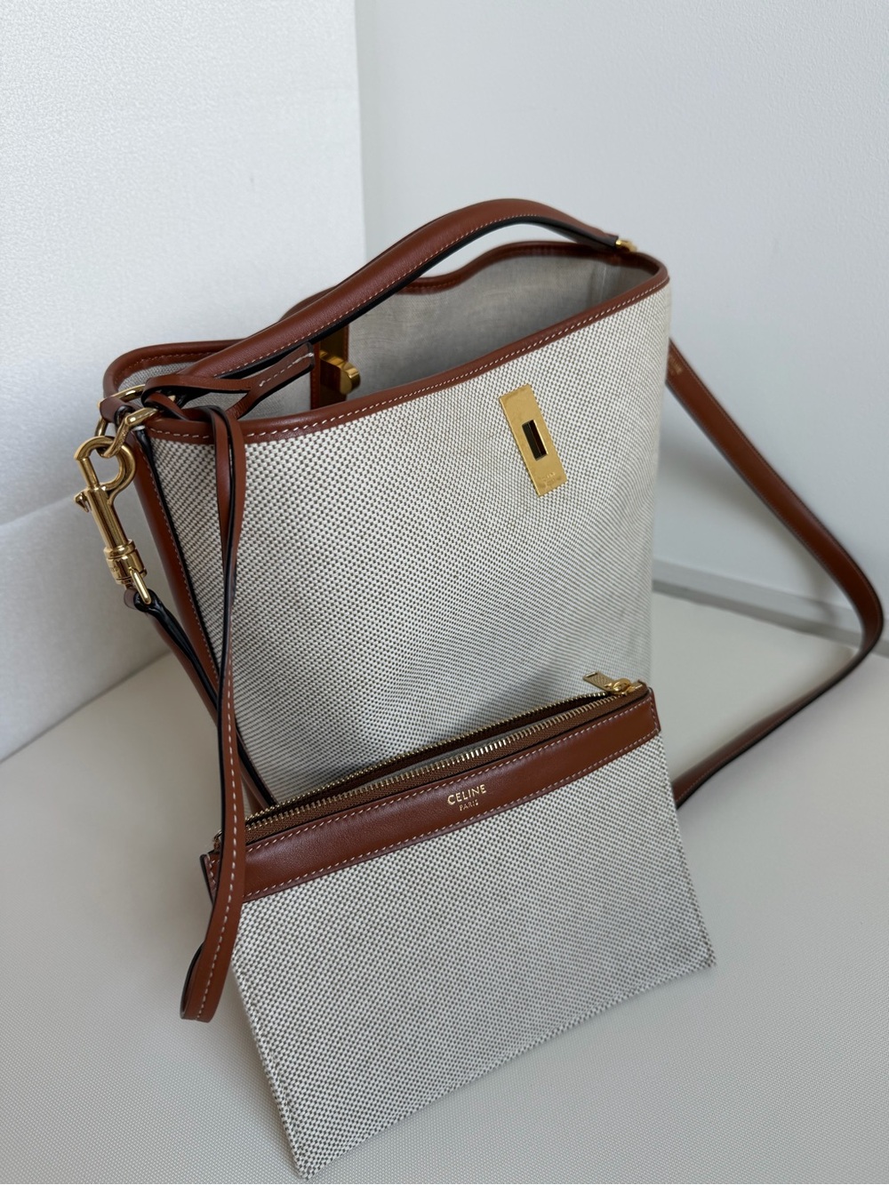 Celine Beige Canvas Bucket Bag with Brown Leather Trim and Gold Hardware - Picture 11 of 14